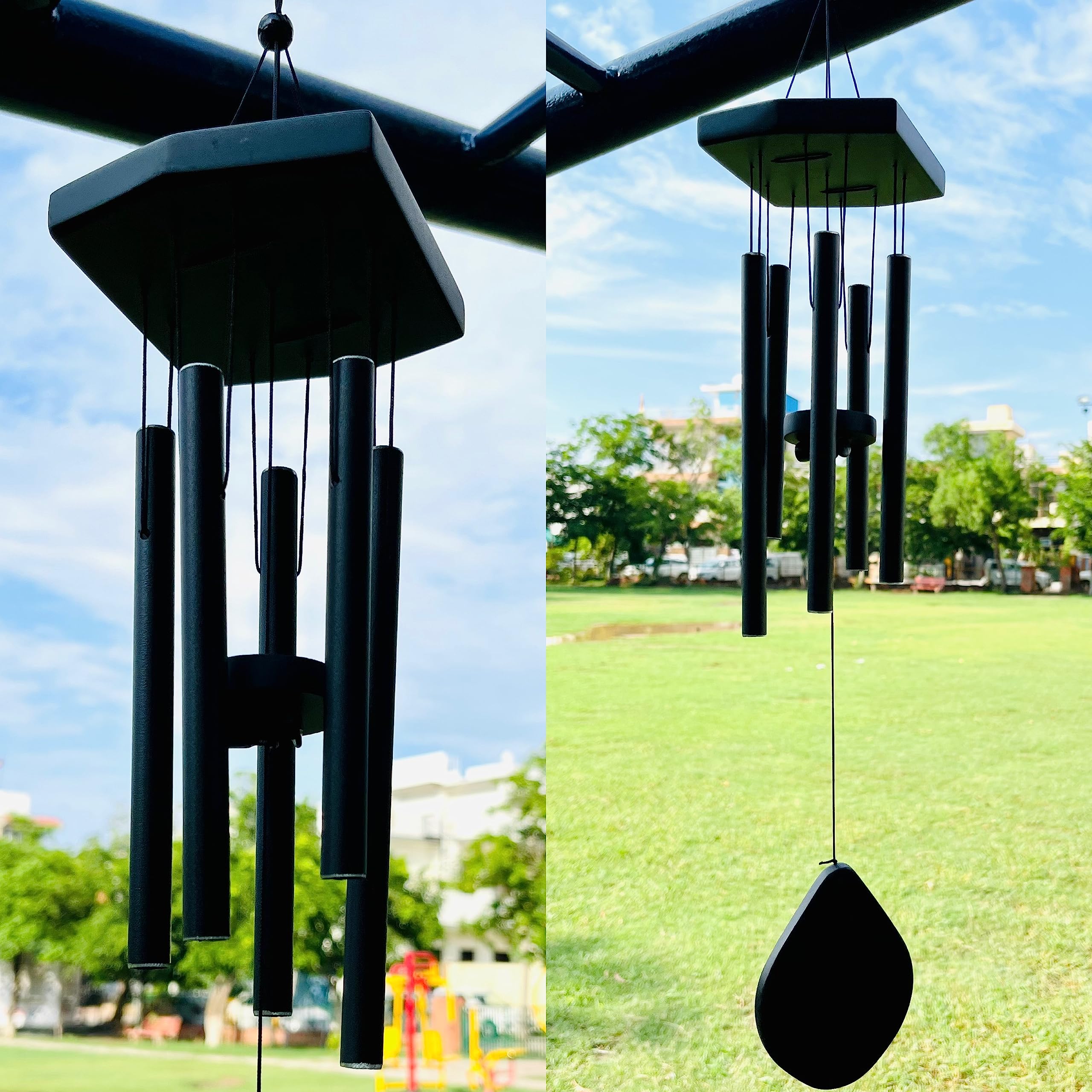 WS Black Aluminium Wind Chime for Home | 5 Pipe Wind Chime for Positive Energy | Good Luck Chimes for Home/Balcony Decoration