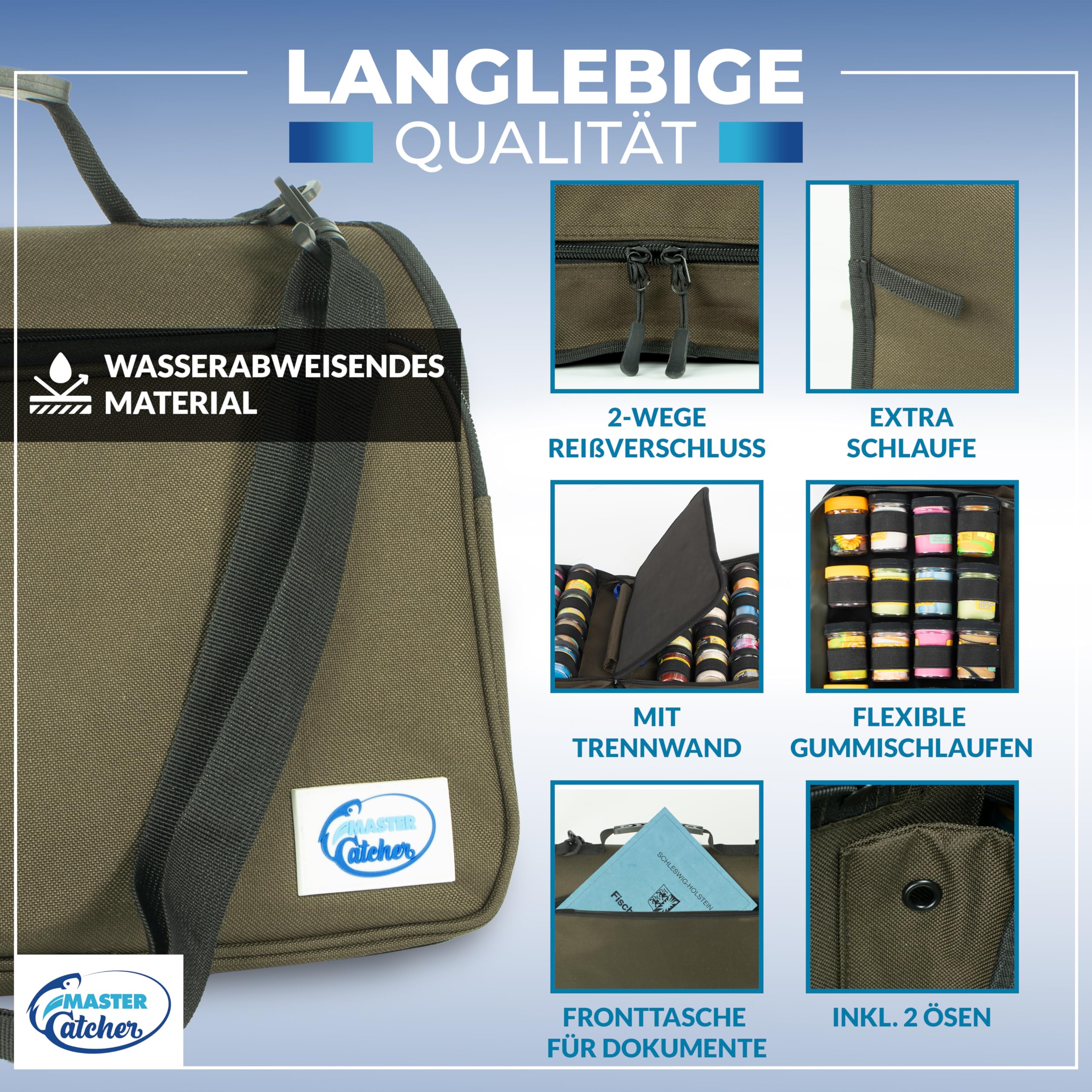 Forellenteig Tasche für 32 Gläser – MasterCatcher® – mehr Kapazität (statt 16–20) – Powerbait / Teiggläser Organizer – wasserabweisend – Designed in Germany