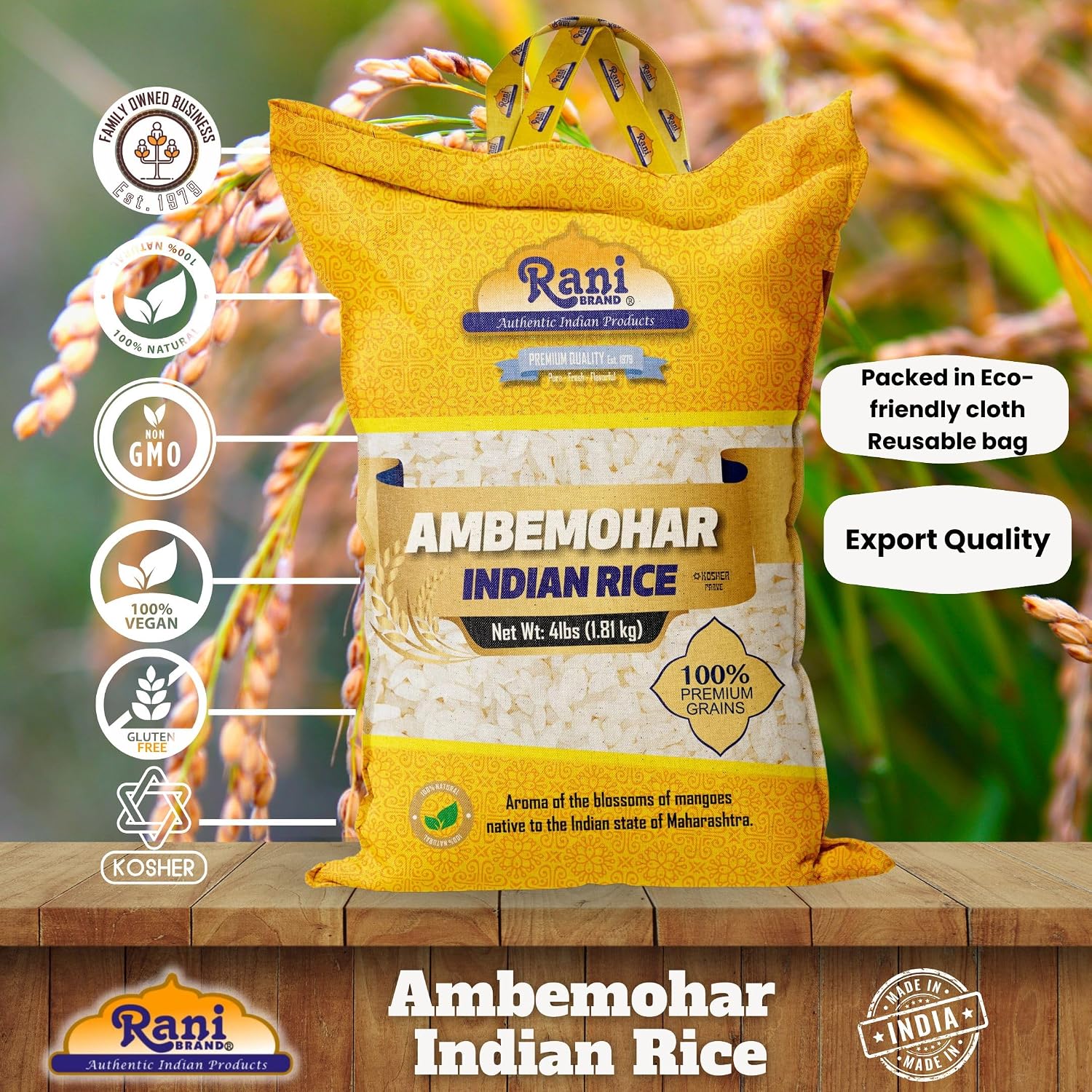 Rani Ambemohar Indian Rice 64oz (4lbs) 1.81kg Cloth Bag ~ All Natural | Gluten Friendly | Vegan | Kosher | Export Quality | Indian Origin image 4