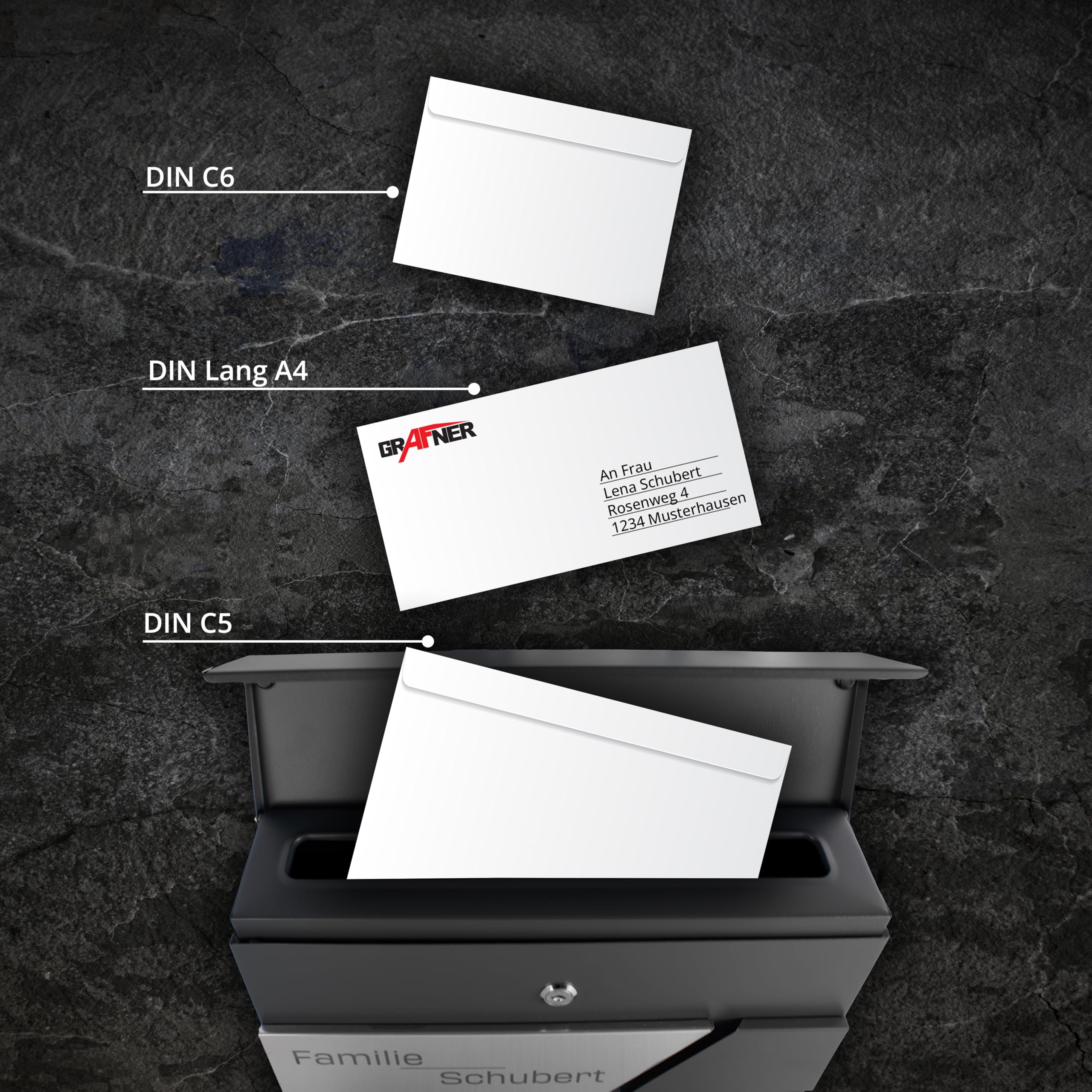 Grafner Premium Briefkasten personalisiert, RAL7016 mit Zeitungsfach und 2 Schlüssel, moderner Postkasten mit Name Straße Hausnummer, anthrazitgrau Wandbriefkasten graviert, mit Montagematerial