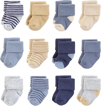 Hudson Baby Infant Boy Cotton Rich Newborn and Terry Socks, Blue Brown Stripes, 0-6 Months