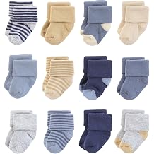 Hudson Baby Infant Boy Cotton Rich Newborn and Terry Socks, Blue Brown Stripes, 0-6 Months