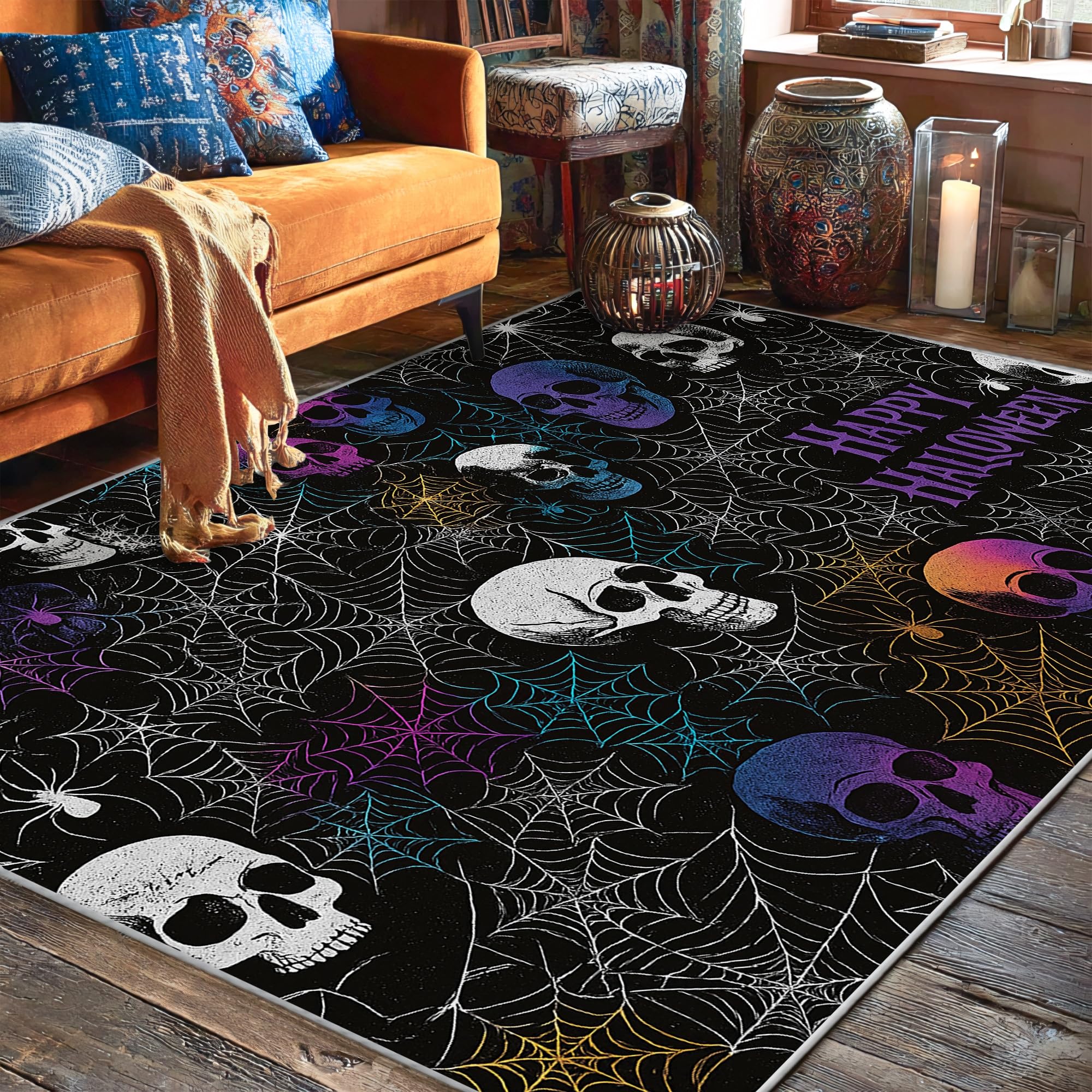 Tappeto a forma di teschio, per Halloween, gotico, ragnatela, Halloween, nero, a pelo basso, rettangolare, per soggiorno, camera da letto, corridoio, ufficio, decorazione 15 x 18 cm