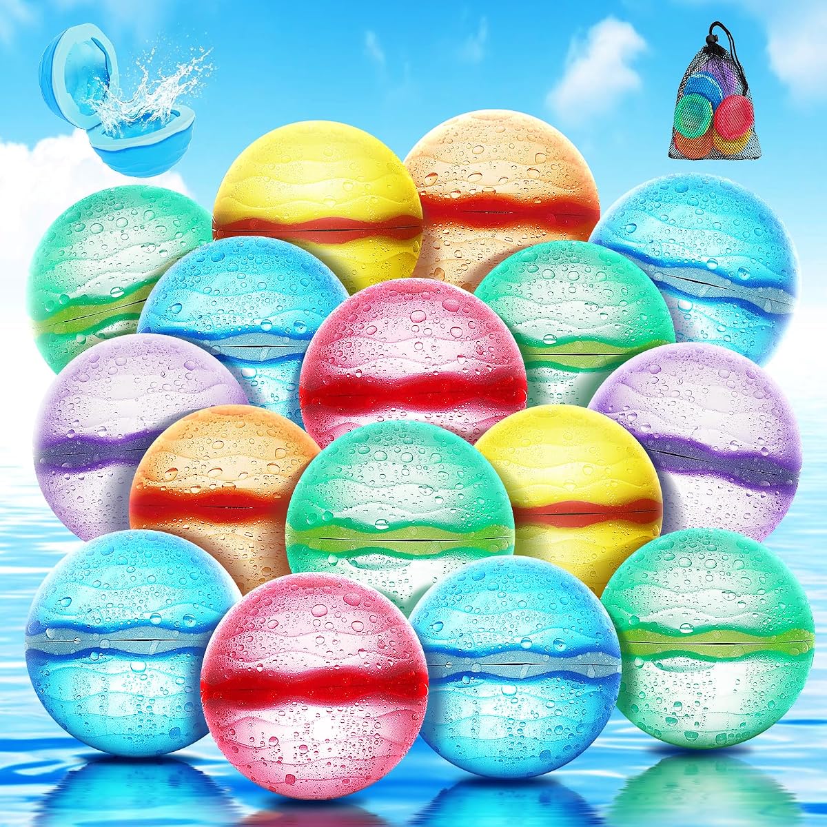 16 PCS Reusable Water Balloons, Self-Sealing Refillable Magnetic Water Balls, Pool Beach Water Toys for Boys and Girls, Outdoor Summer Toys for Kids Ages 3+