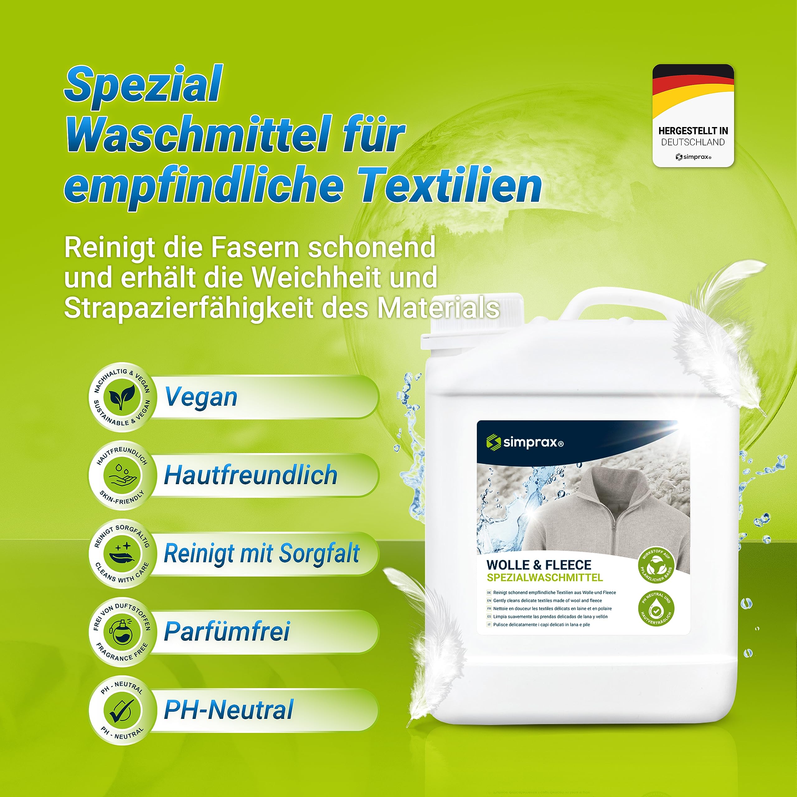 Wolle Waschmittel - Liquido Lavatrice Lana e Delicati Senza Profumo, Certificato GOTS & Biodegradabile Vegan Speciale per Cashmere Merino Angora Alpaca Shetland Lavaggio Mano & Lavatrice, 5 L