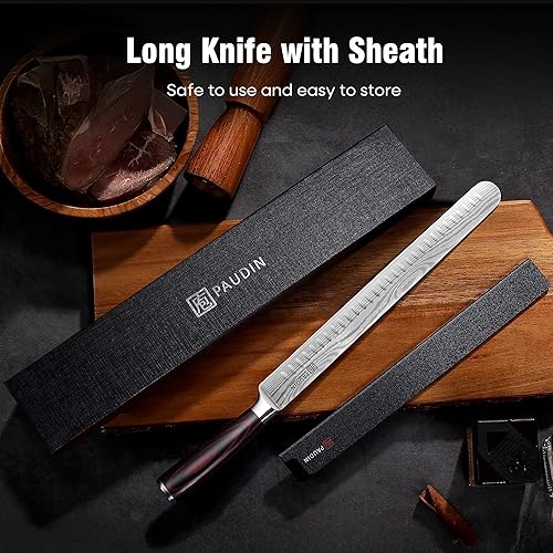 Miniatura 7 de PAUDIN Cuchillo para Brisket, Cuchillo de Trinchar de 12 Pulgadas de Acero Inoxidable Cuchillo para Rebanar Brisket con Borde Granton para Cortar