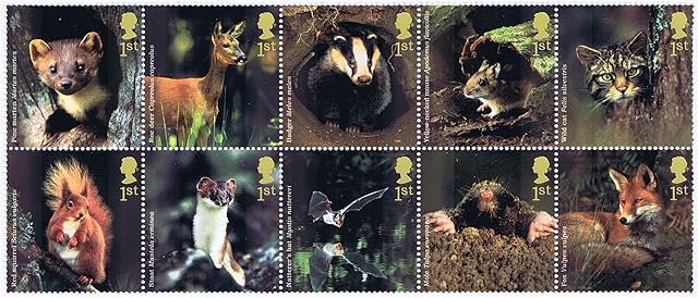 Woodland Animal Stamps for postage - 10 x 1st Class Royal Mail Mint Stamps. 2004 Woodland Animal stamps featuring Red Deer, Badger, Wild Cat, Red Squirrel etc
