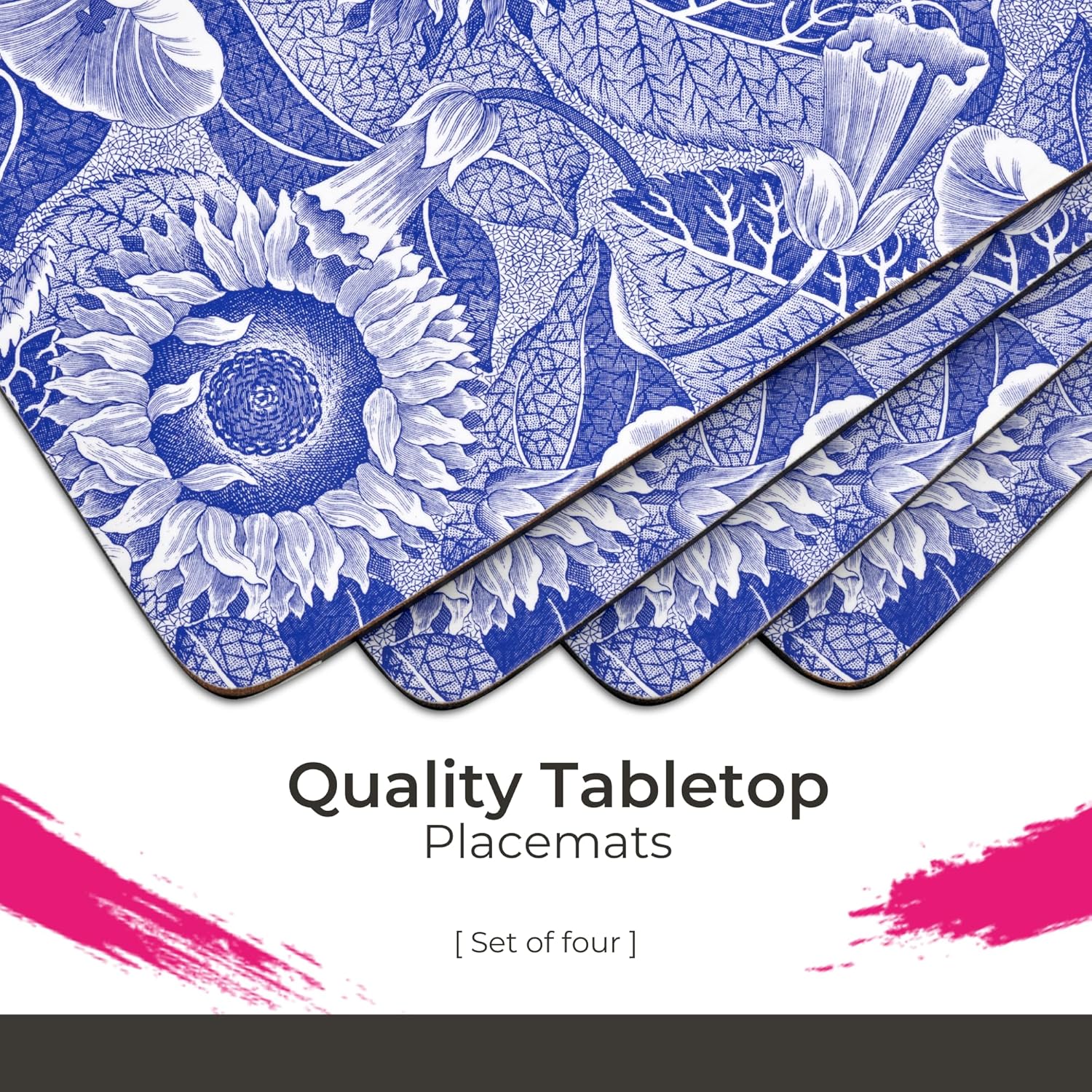 Spode Blue Room Sunflower Collection Placemats, Set of 4 – (15.7" x 11.7") Rectangular Cork-Backed Board with Lacquered Finish, Heat & Stain Resistant Dining Table Mats Durable Kitchen Accessories