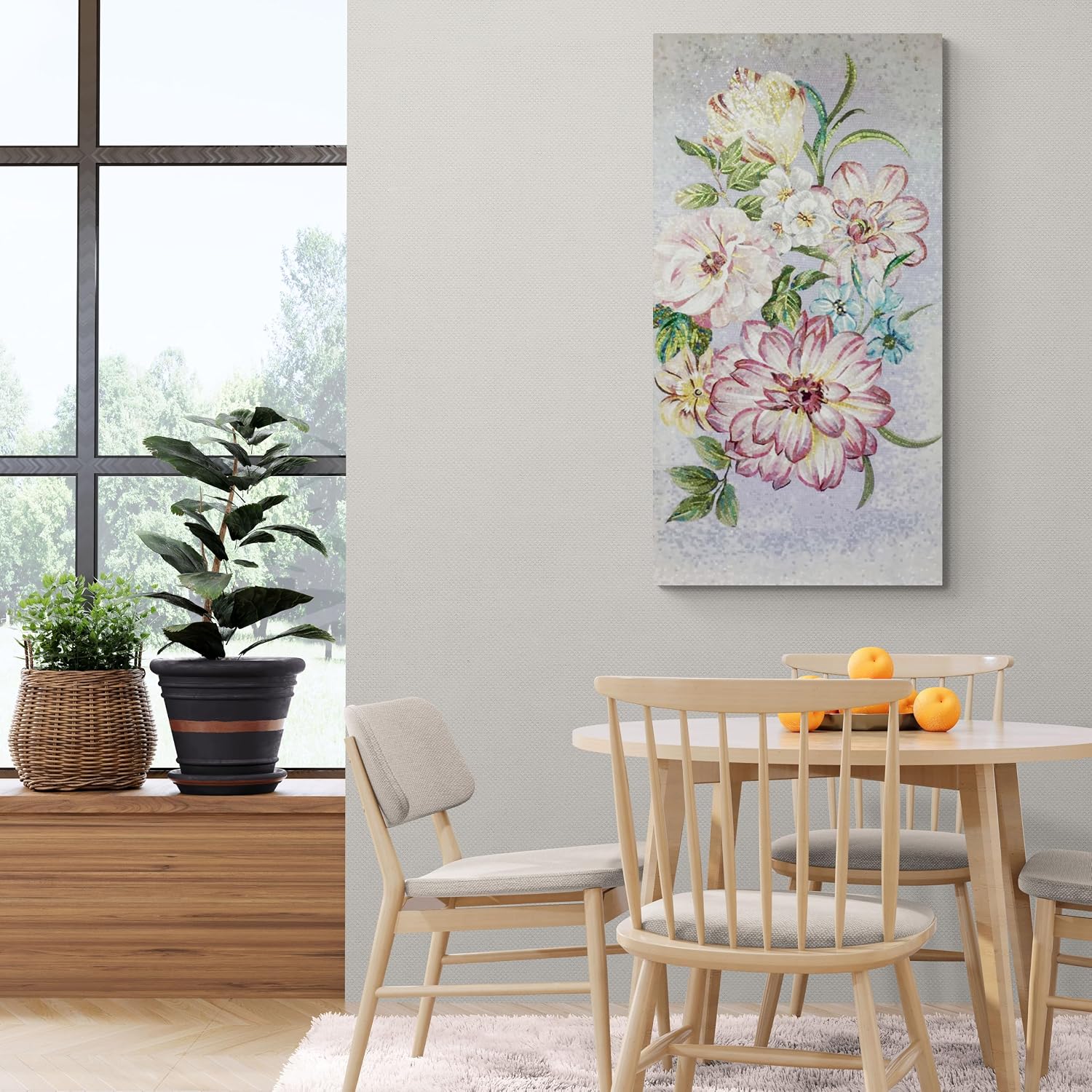 Floral Marble Mosaic Wall Art, Handmade Portrait Stone Mosaic Artwork, Hand-Cut Decorative Stone Mural for Interior Wall Décor