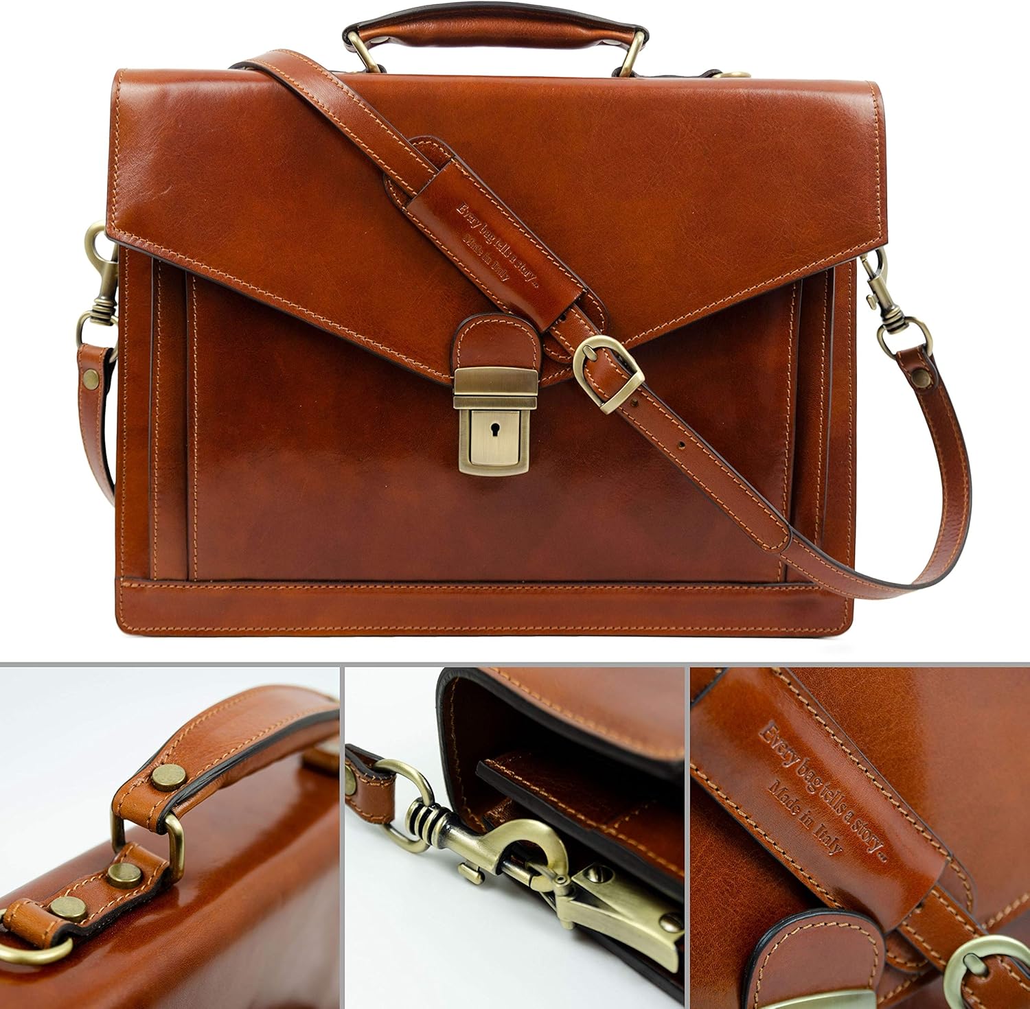 Leather Briefcase for Men Handmade Italian Laptop Bag Classy Orange Brown Attache Case - Time Resistance : Electronics