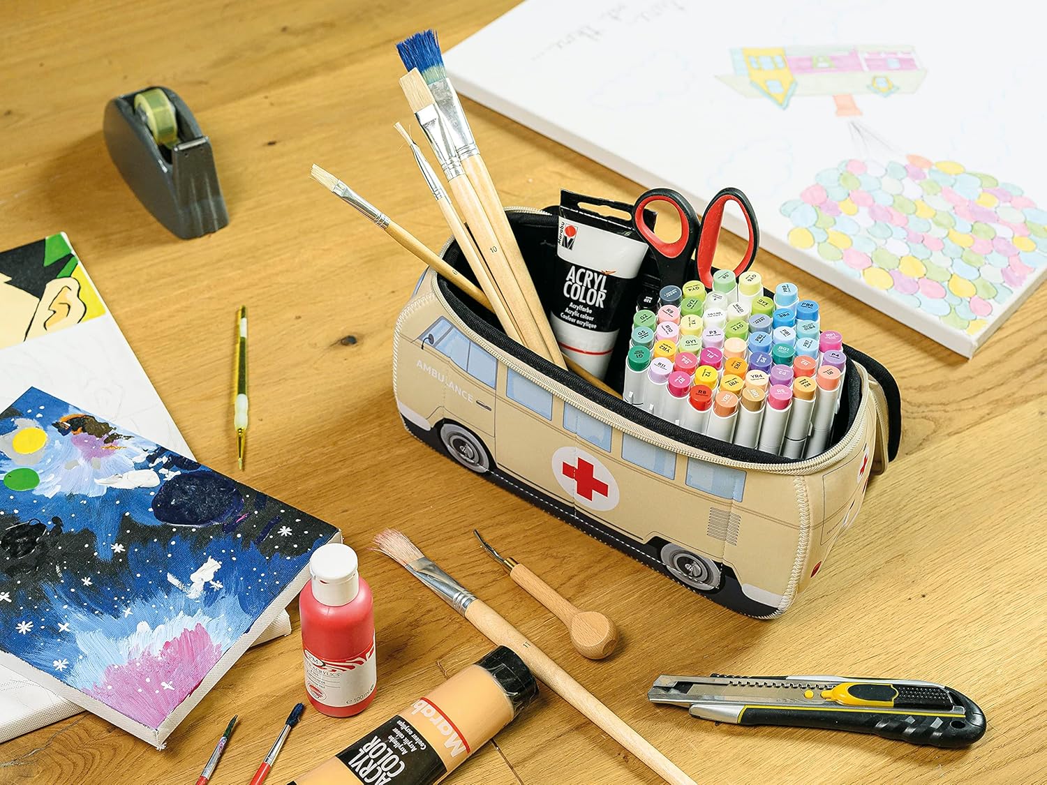 BRISA VW Collection - Volkswagen Neoprene Universal Makeup Cosmetics Toiletry Travel Pharmacy Bag in T1 Bus Design (Ambulance/Beige) (Small (9.1 x 4.3 x 3.1 inches)) - Image 4