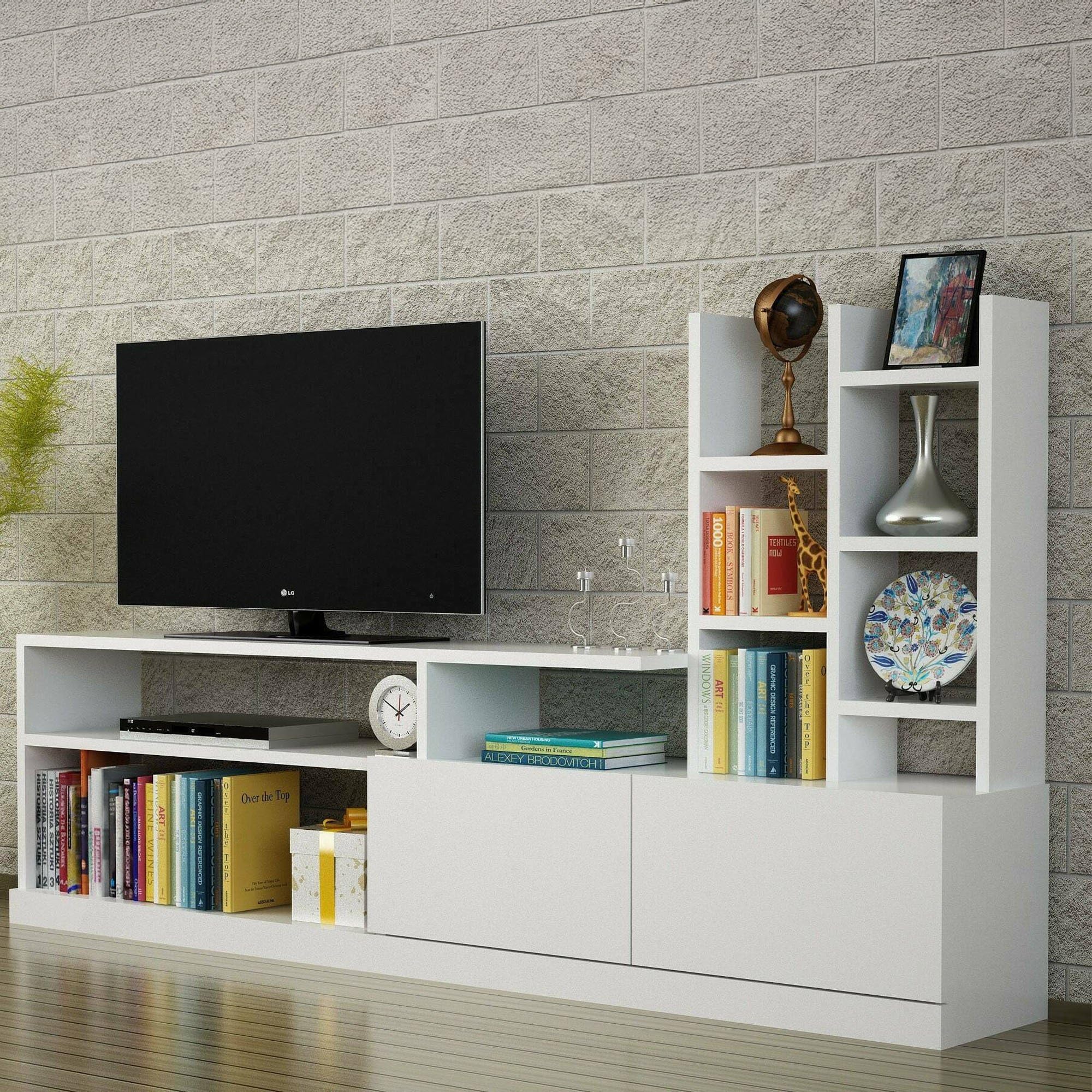 Dmora - Mobile porta TV Alni, Credenza da soggiorno, Armadio basso per TV, Base parete attrezzata, 164x25h91 cm, Bianco
