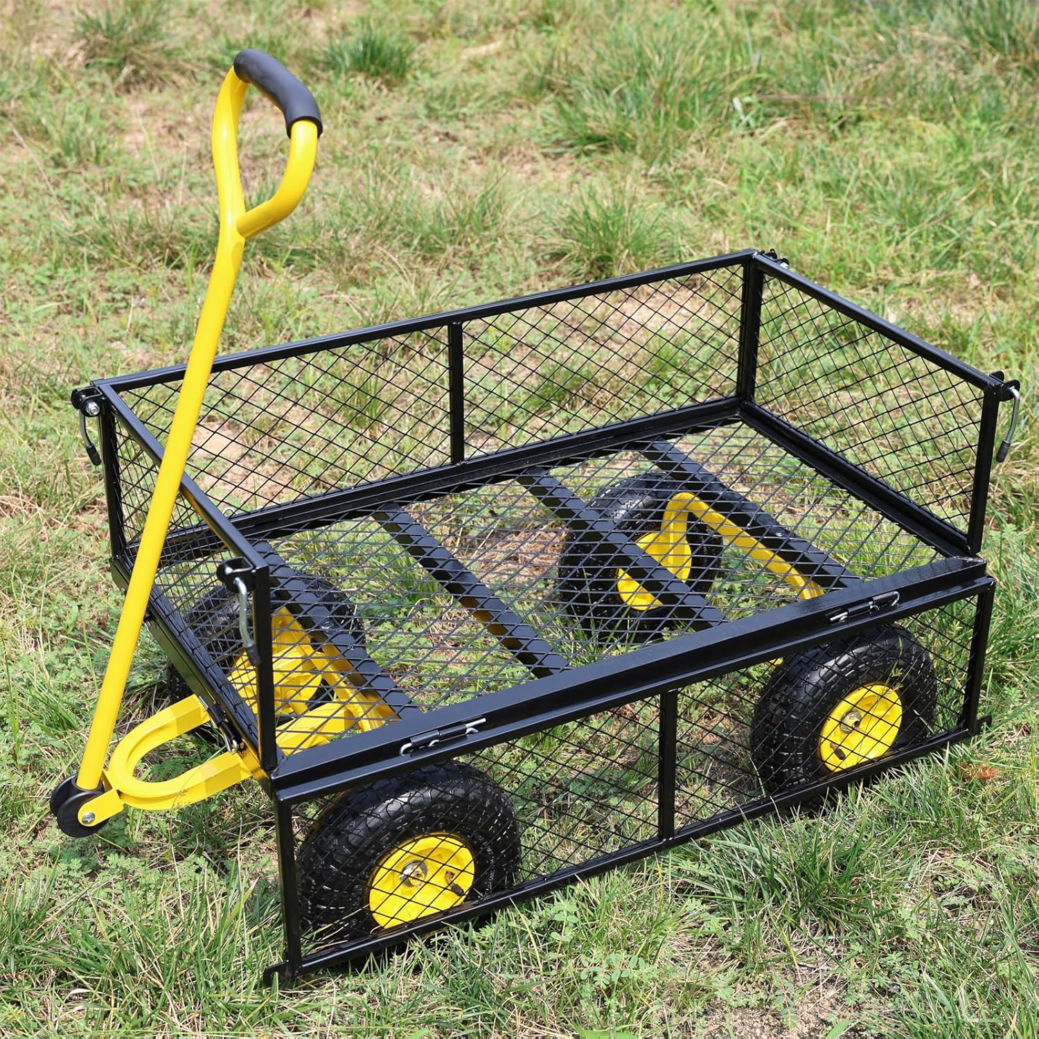 Heavy Duty Wagon Cart with Removable Side, Foldable Utility Cart with Inflatable Tires for Transport and Store, Garden Cart with 180 Degree Steering Range Handle, Grocery Cart on Wheels (Yellow)