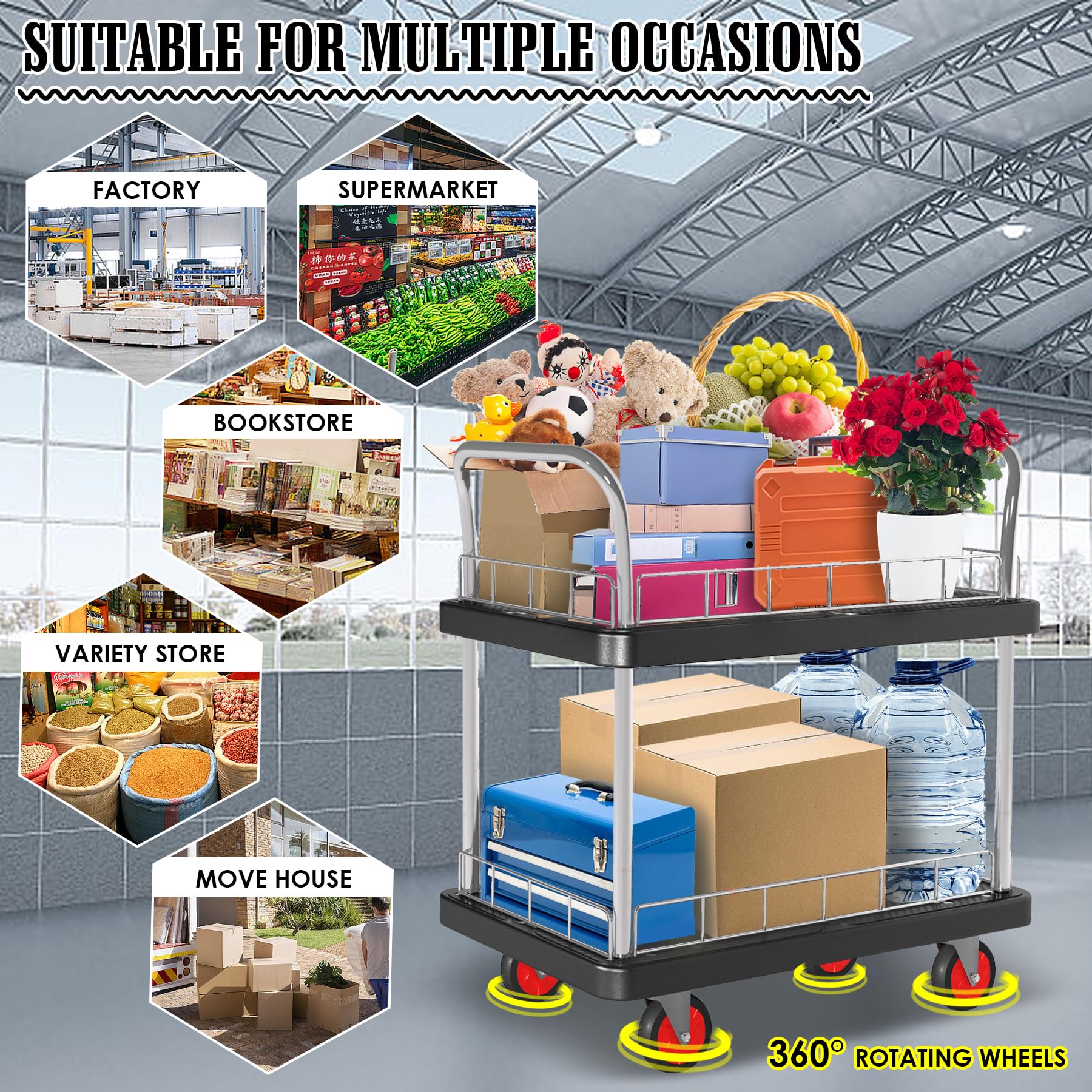 Heavy-Duty Utility Cart - 2 Shelves, 660lbs Capacity -5