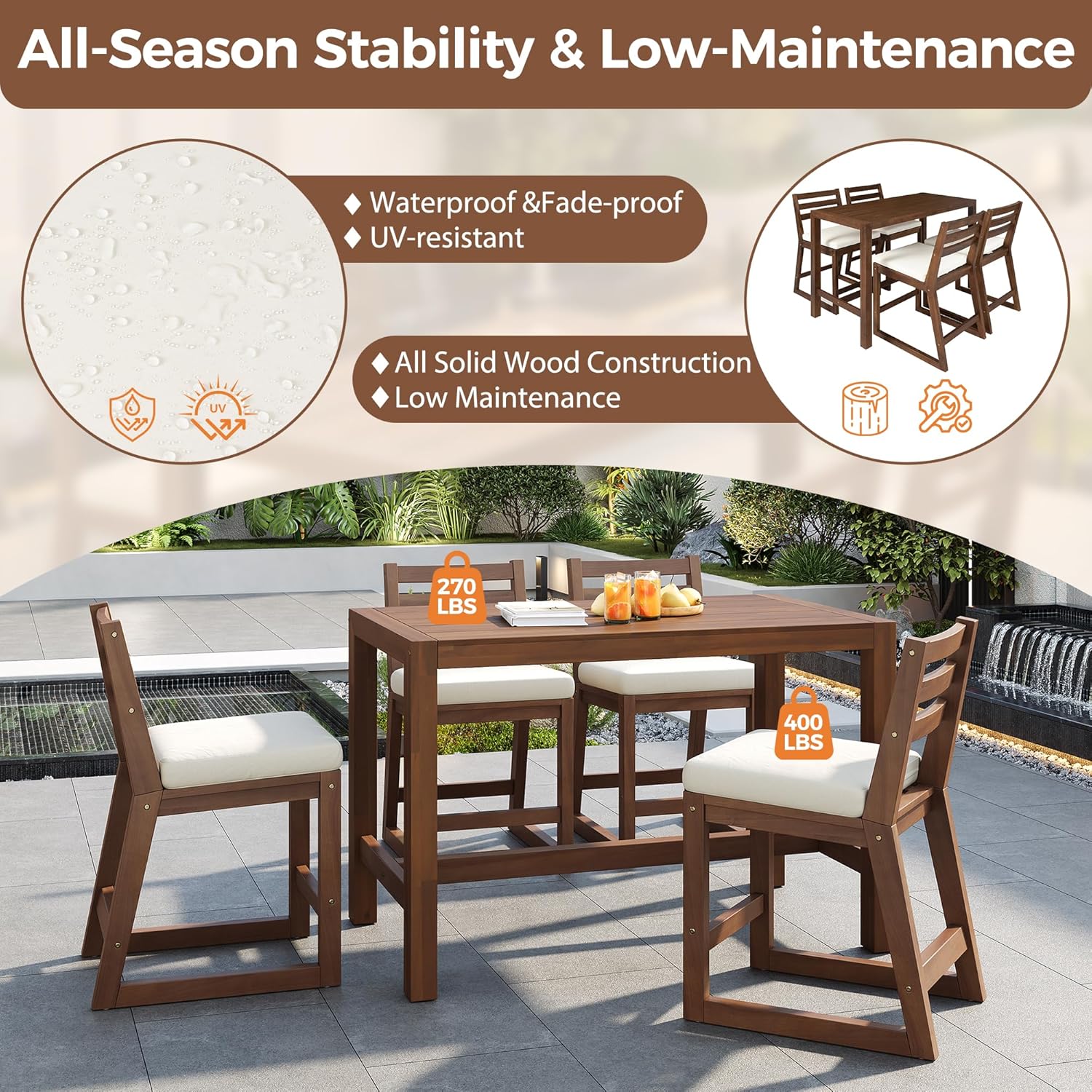 5-Piece Outdoor Patio Counter Height Dining Set, Acacia Wood Bar Table and Ergonomic Chairs with Removable Cushion, All-Weather Bistro Set Conversation Set with Slatted Tabletop (Mocha-2.10)
