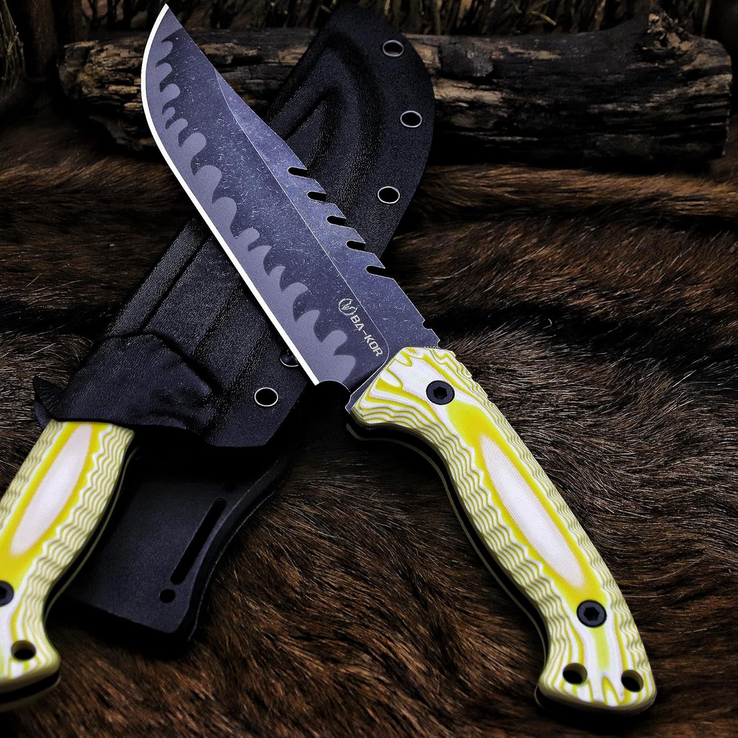 BA-KOR 12.4in Full Tang Fixed Blade Hunting Knife – 6mm 9CR18MoV Steel, G10 Handle, Stonewashed Sawback Blade with Kydex Sheath & Fire Starter for Outdoor, Camping, Survival (White and yellow stripes)