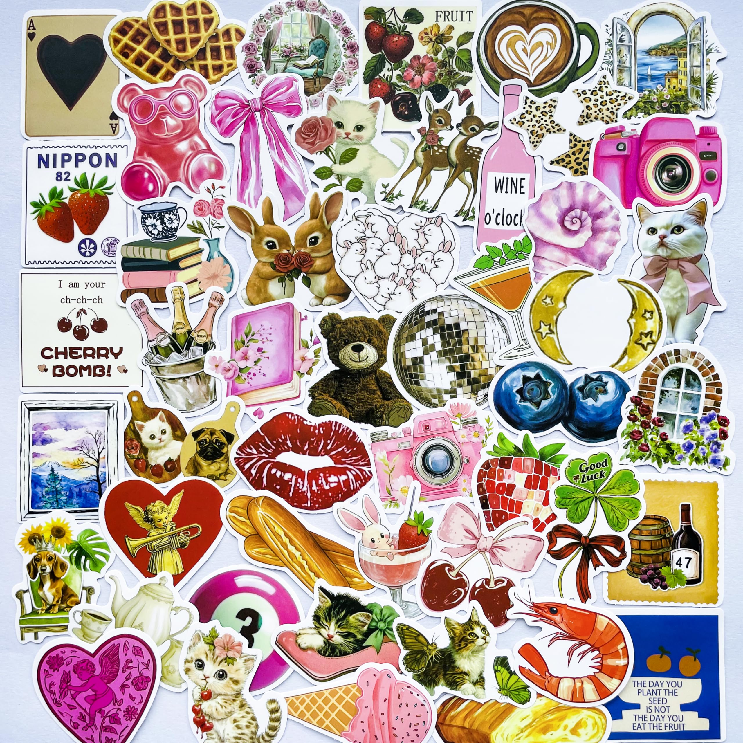 50-Piece Cute Watercolor Vintage Y2K Pink Aesthetic Stickers – Kawaii Retro Floral, Animals, Food Decals for Scrapbooking, Journaling, Laptops, Water