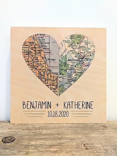 Miniatura 1 de Personalized Heart Map Art Engagement Gift Unique Wedding Gift for Couple Wood 5th Anniversary Gift