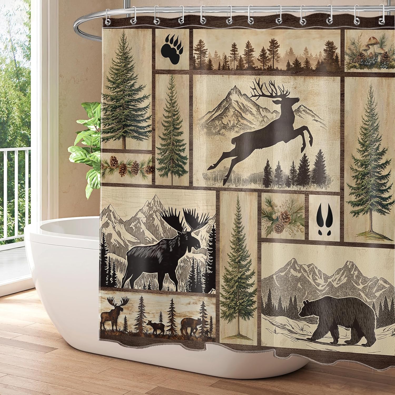 Rustic Cabin Deer Shower Curtain with Hooks, Wild Animal Bear in Pine Tree Forest and Mountain Nature Landscape Bathroom Curtains Shower Set, 72W x 78L inches