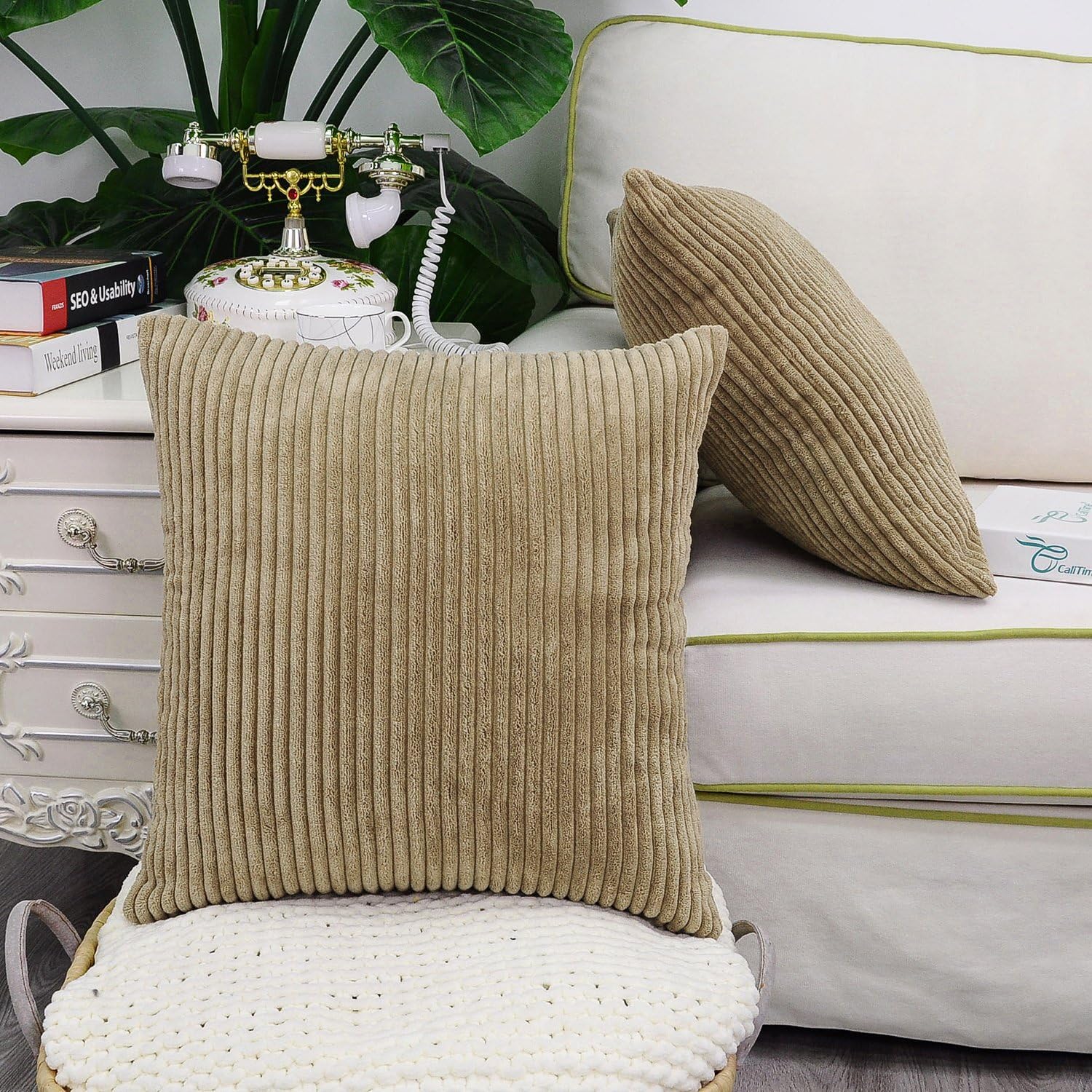 CaliTime Pack of 2 Cozy Throw Pillow Covers Cases for Couch Sofa Bed Comfortable Supersoft Solid Corduroy Striped Both Sides 18 X 18 Inches Khaki