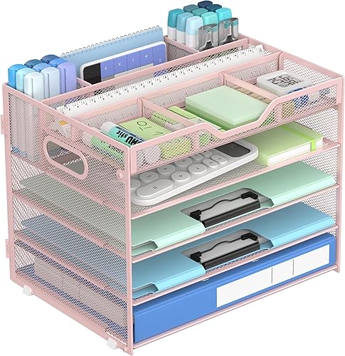 Miniatura 16 de Docnest Bandeja de papel de 3 niveles, organizador de escritorio de malla metálica con asa, soporte para bolígrafo integrado, almacenamiento de 3
