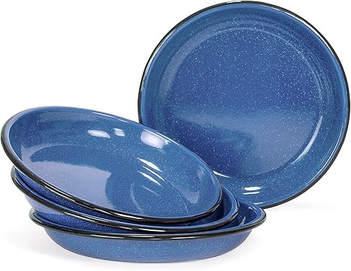 Red Co. Juego de 4 platos redondos de metal esmaltado de 10 pulgadas, borde blanco moteado azulnegro