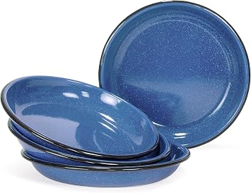 Red Co. Set of 4 Enamelware Metal 10 Round Camping Plates, White-Speckled Blue/Black Rim