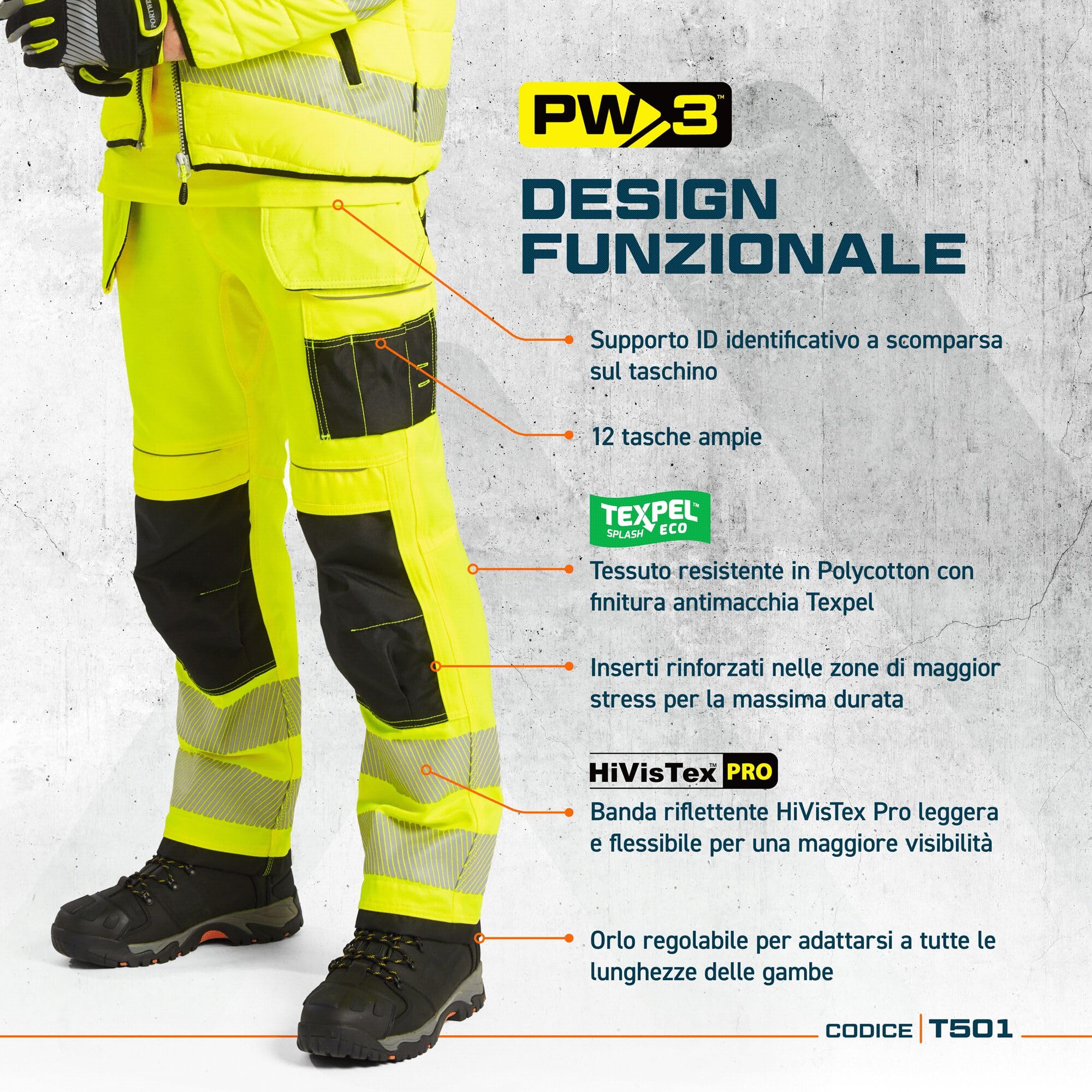 Portwest AmazonUkkitchen T501YER Vision - Pantaloni con Fondina ad Alta visibilità,