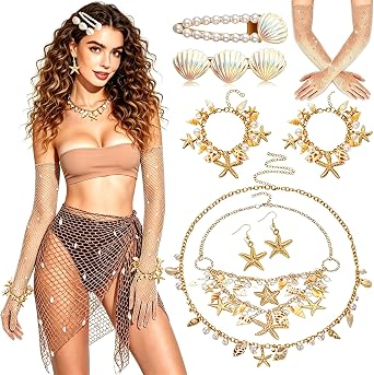 Halloween Mermaid Cosplay Costume for Women, 9 Pcs Crochet Skirt Rhinestone Long Fishnet Gloves Necklace Waist Chain Bracelets Hair Clip