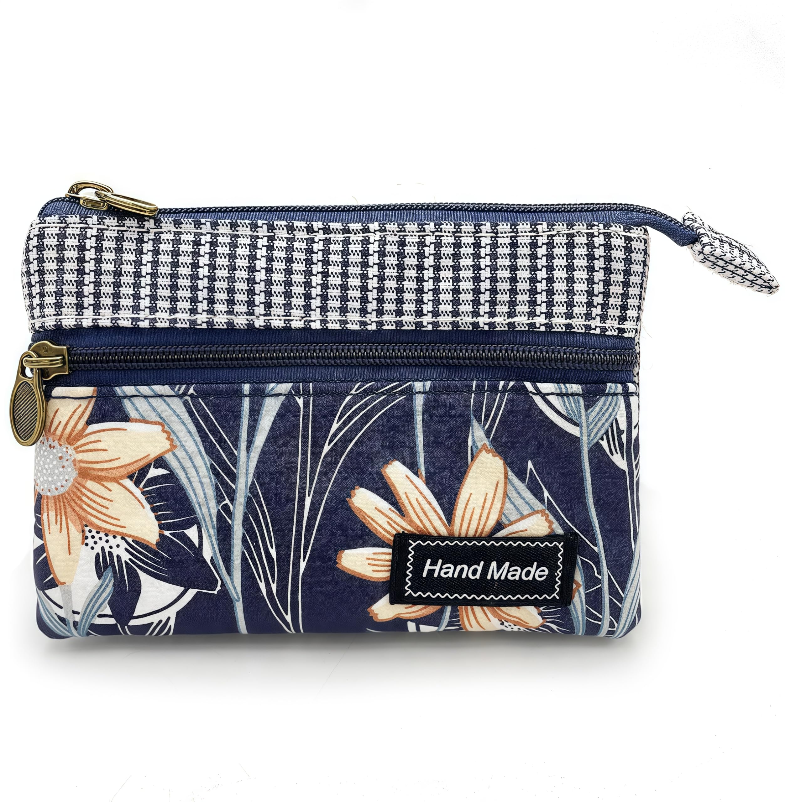 GUXL Women Small Zipper Coin Purse, Handmade Fabric Flower Embroidered Change Pouch, Cotton Double Zipper Wallet