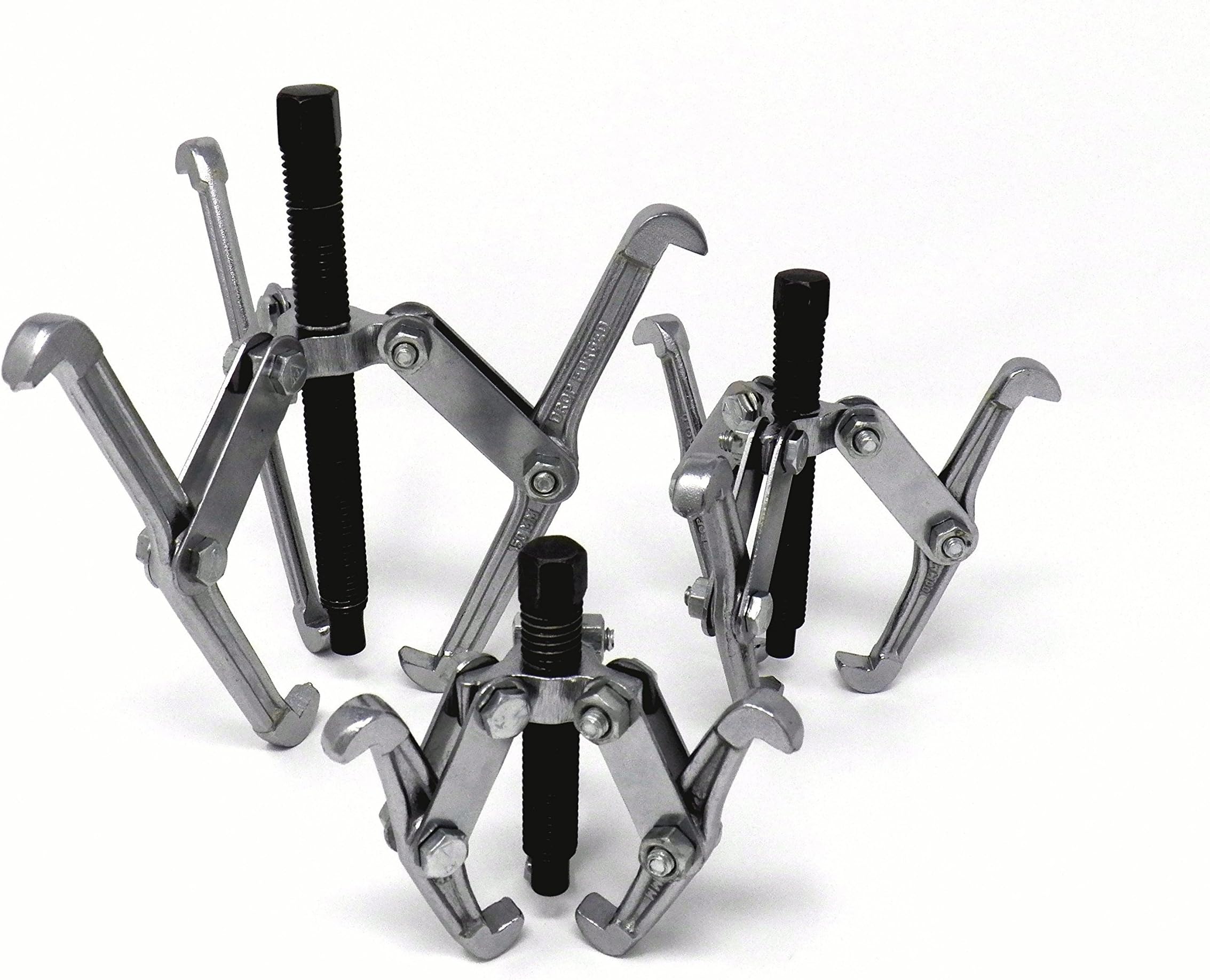 IIT 51050 3 Jaw Gear Puller Set, 3 Piece Universal gear and bearing puller set/w 4 or 8 position reversible inside/outside short, standard, long, & extra-long reach, 3", 4", and 6" pullers