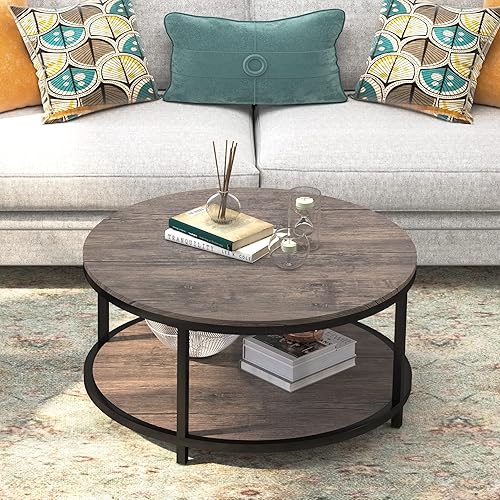 Miniatura 8 de WiberWi Mesa de Centro Redonda de 35.8" Mesas de Centro Circulares para Sala de Estar Mesa de Cóctel Industrial Rústica con Marco de Metal Gris