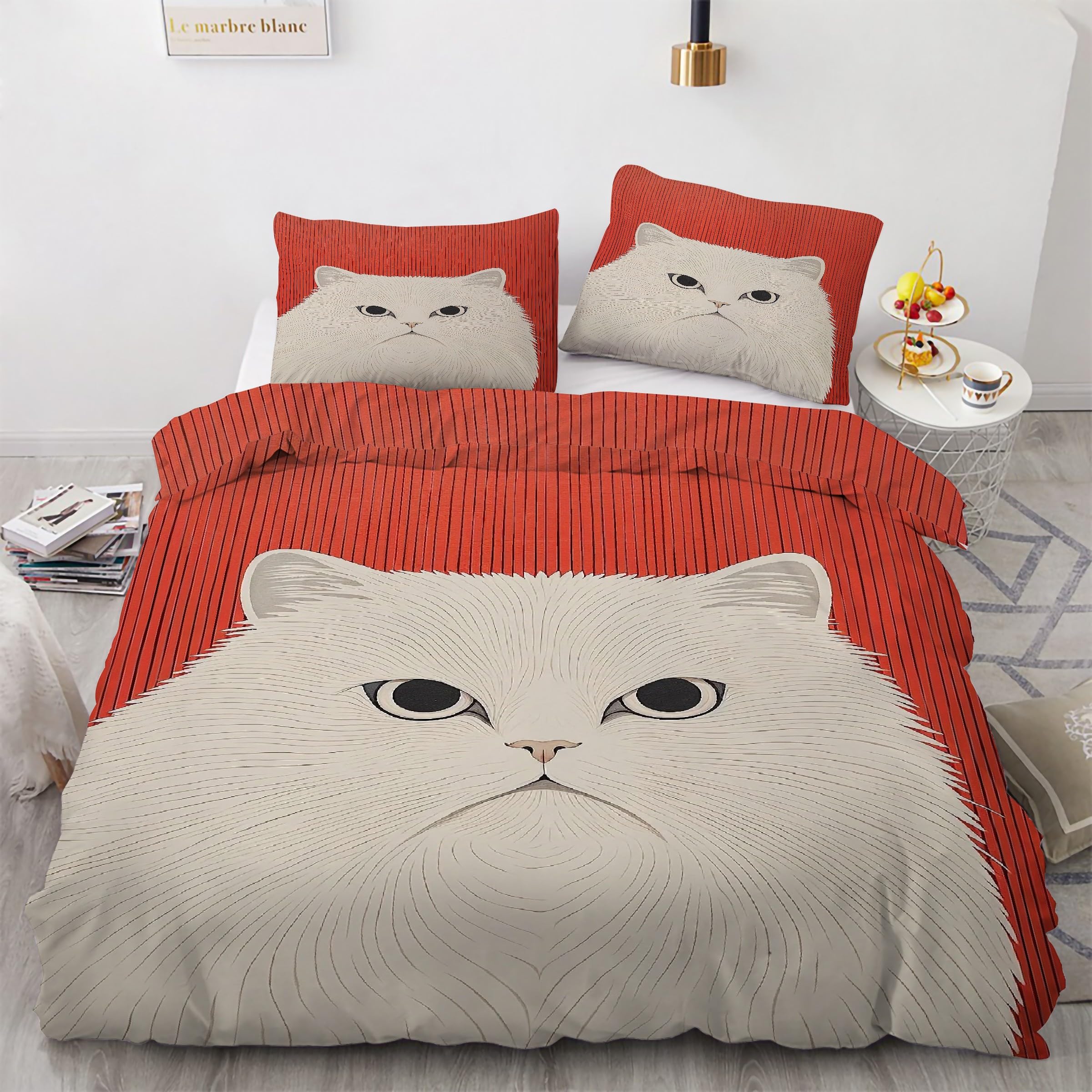 Housse de couette 160x200 chat blanc sans repassage pour literie facile à vivre