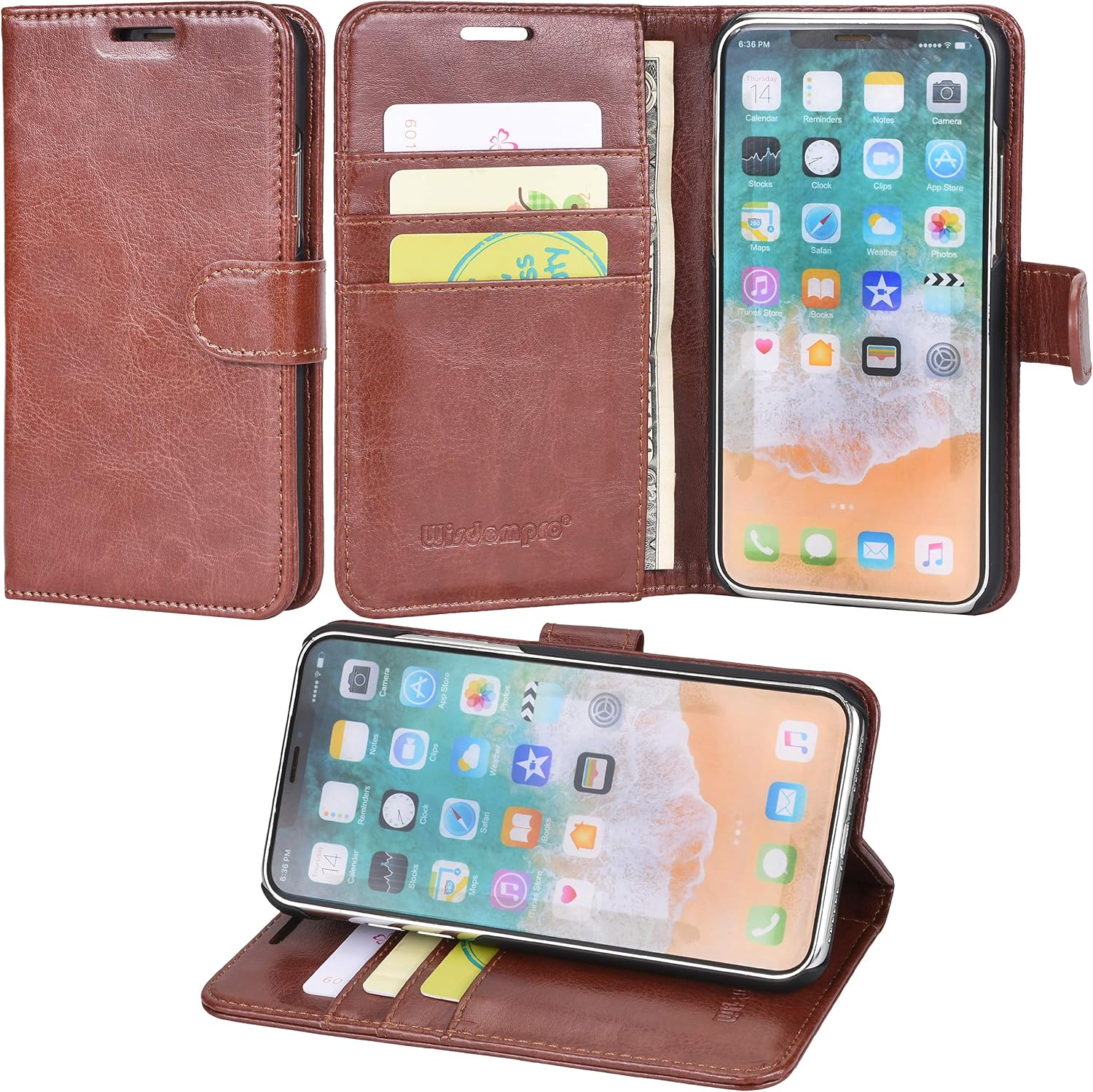 Wisdompro iPhone Xs Case, iPhone X Case, Premium PU Leather 2-in-1 Protective Folio Flip Wallet Kickstand Case with Credit Card Holder Slots for Apple iPhone Xs iPhone X - Brown