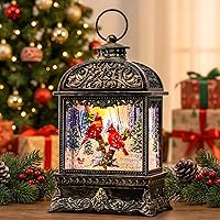 Vista 1 de Globo de nieve navideño con escena de cardenal iluminado, linterna musical de agua con nieve girando y brillando, decoración festiva y regalo