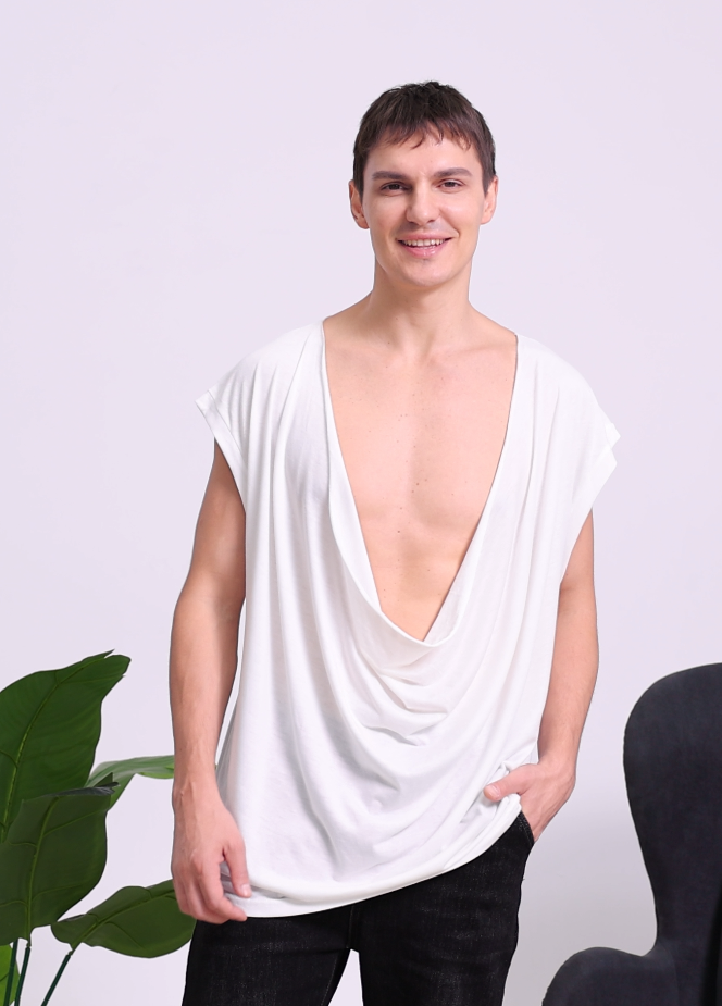 WDIRARA Men's Cowl Neck Draped Cap Sleeve Tank Top Summer Casual T