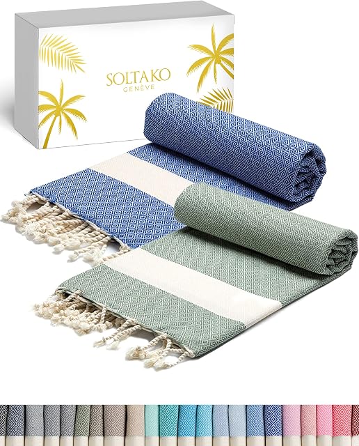 SOLTAKO Fouta, 2 x ręcznik plażowy, ręcznik do sauny, ręcznik kąpielowy, ręcznik hammam, koc do jogi, pestemal, dla kobiet i mężczyzn, w kolorze khaki i królewskiego błękitu, zestaw upominkowy, 100