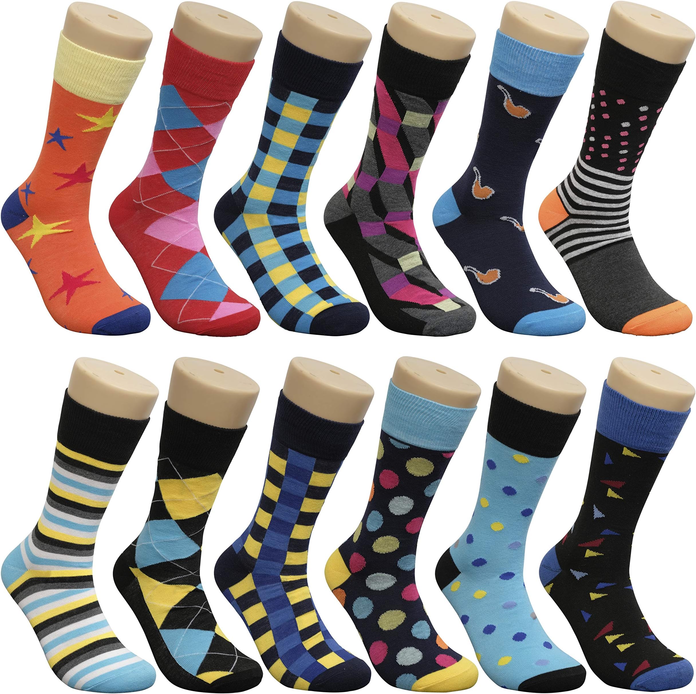 Men’s Fun & Funky Colorful Happy Crazy Silly Crew Dress Socks in Fashionable Patterned Dress Socks Sox - 12 Pack