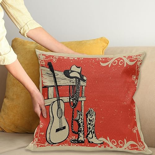 Miniatura 2 de Ambesonne Funda de cojín occidental, imagen de elementos del salvaje oeste con guitarra de música country y botas de vaquero, arte retro, funda de