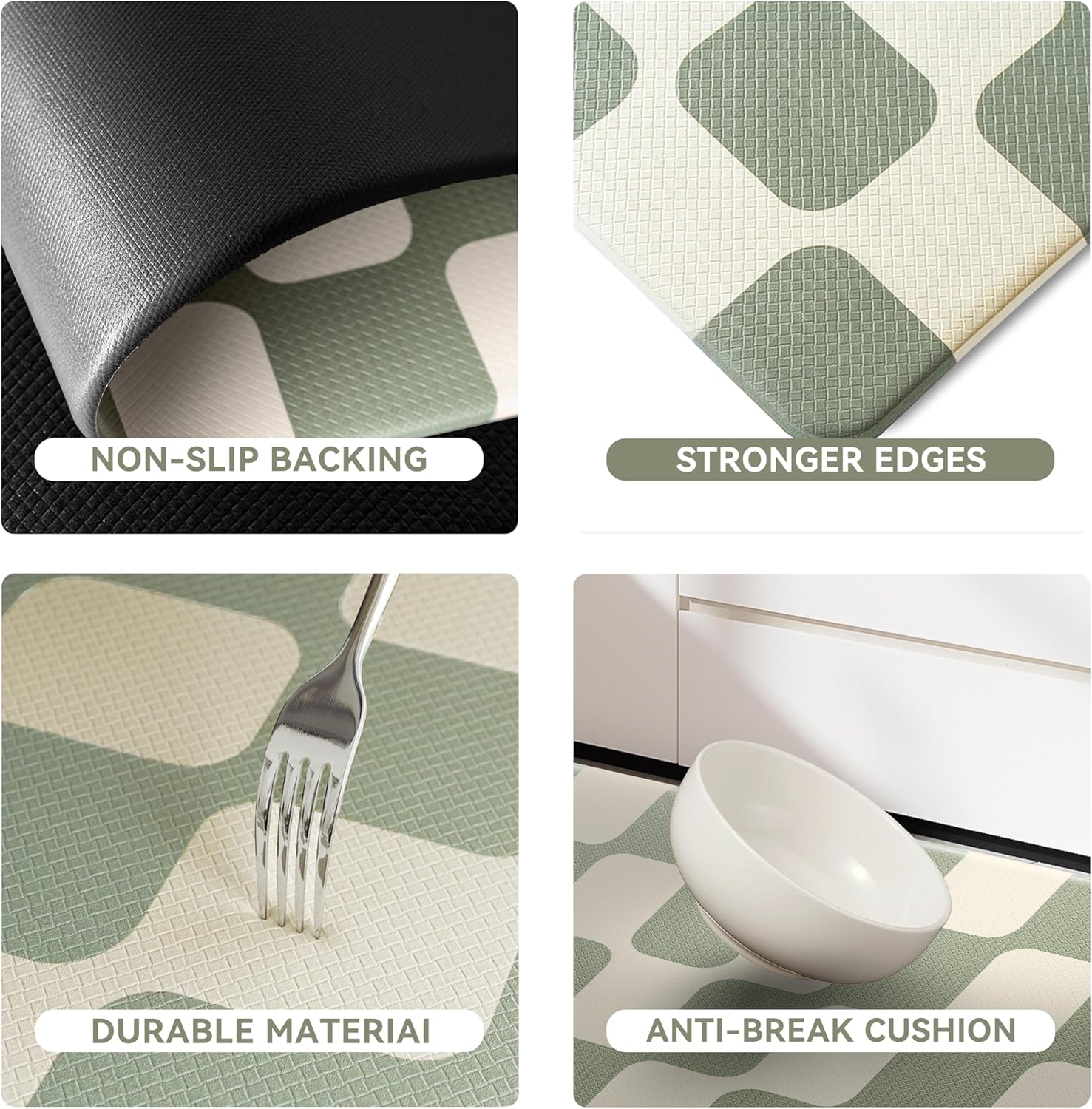 Sage Green Beige Retro Curvy Checkered Grid Checkerboard Kitchen Rug Sets [2 PCs], Anti-Fatigue, Waterproof Non-Slip Kitchen Mats Heavy Duty Comfort Foam Rug for Floor, Home, Laundry,17"x29"+17"x47"