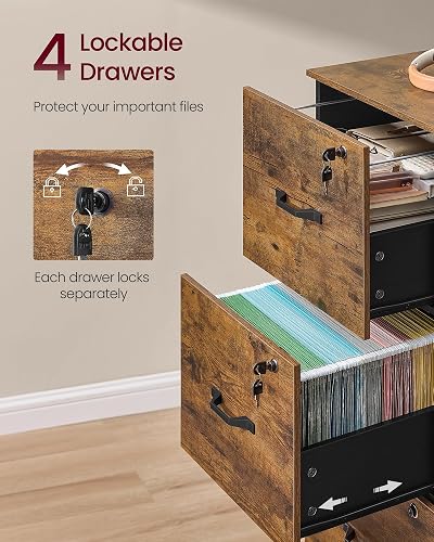 VASAGLE File Cabinet for Home Office, Printer Stand with 4 Lockable Drawers, Adjustable Hanging Rails, for A4 and Letter-Size Files, Rustic Brown and Ink Black CUSTOS Collection OFC082K02V1 - 3