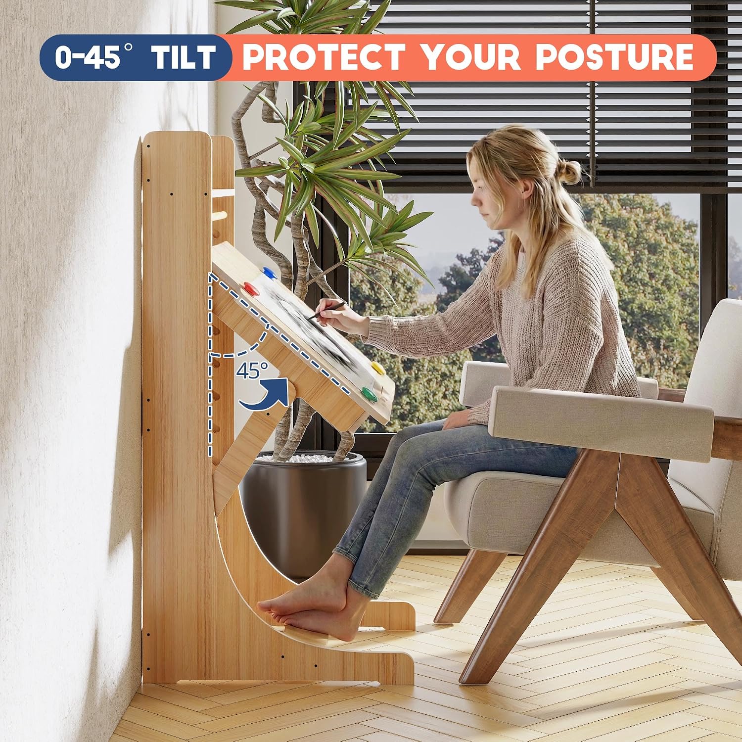 Kid Desk with Storage Adjustable Study Drawing Desk with Paper Roll,Craft Drawer Whiteboard Organizer for Girl Boy Teens,Tilt Activity Kids Table, Natural