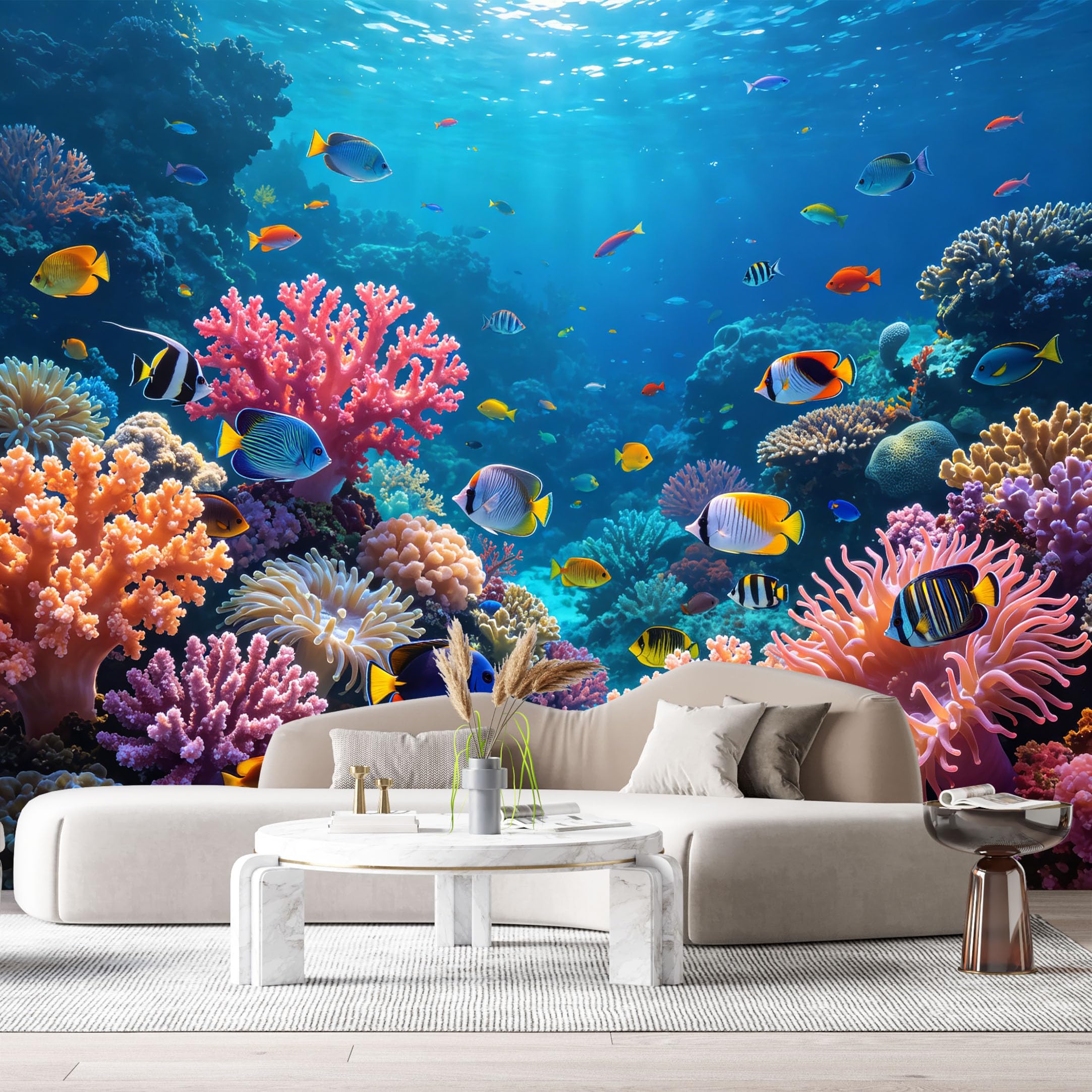 Custom Size Wall Murals Ocean Marine Tropical Coral Reef Colorful Exotic Fish SelfAdhesiveWall Fabric Removable Wallpaper Wall Decor for Living Room Bedroom Bathroom