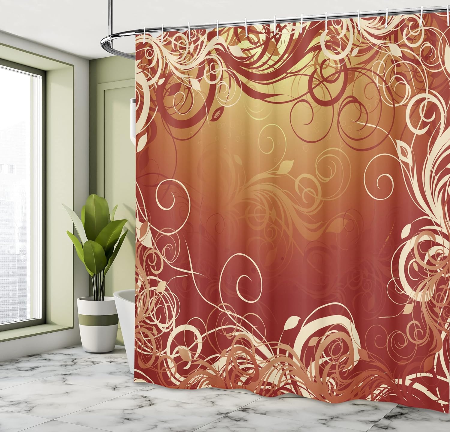 Ambesonne Abstract Shower Curtain, Mystic Forest Floral Swirls Leaves Nature Fading Ombre Effect Illustration, Cloth Fabric Bathroom Decor Set with Hooks, 69" W x 70" L, Dark Orange