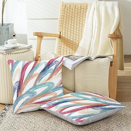 Miniatura 3 de CaliTime Juego de 2 fundas de almohada decorativas de vellón de dos tonos con plumas abstractas para sofá, cama, decoración de casa rural, 18 x 18