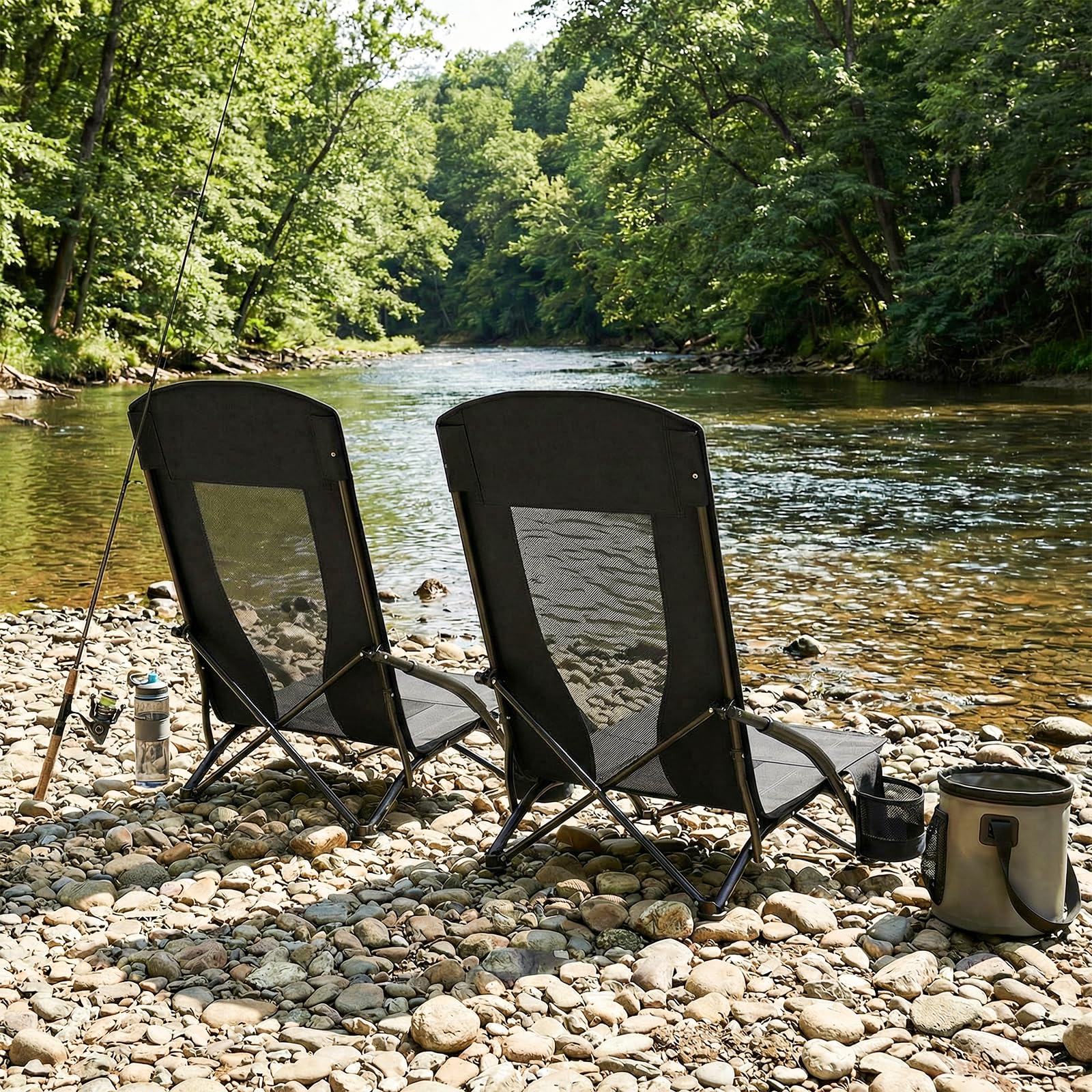 LIFERUN Chaise de plage pliable - 1 pièce - Dossier haut - Chaise de plage basse avec sac de transport - Porte-gobelet - Tissu en maille respirante - Pour l'extérieur, le camping, le concert de sable