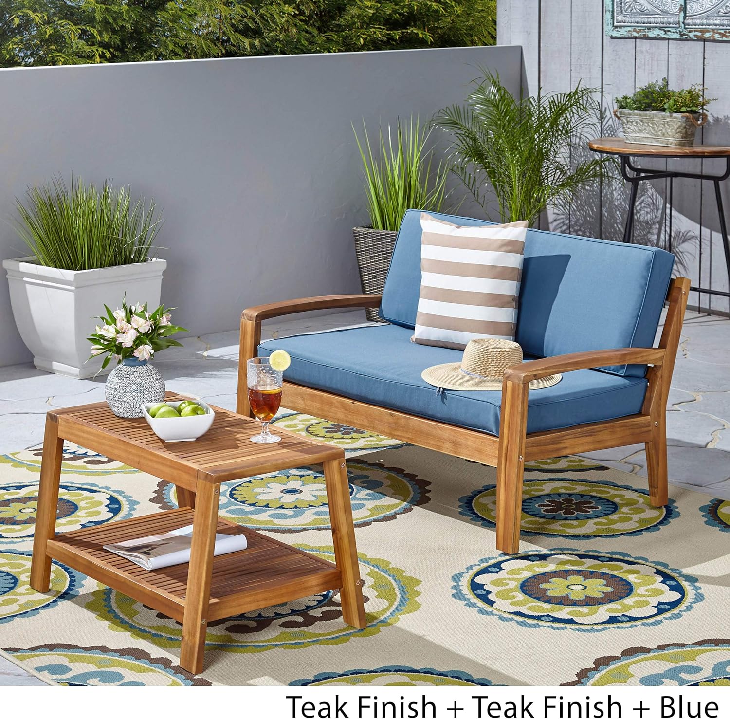 Great Deal Furniture GDFStudio Outdoor Teak Finished Acacia Wood Loveseat and Coffee Table Set with Blue Water Resistant Cushions