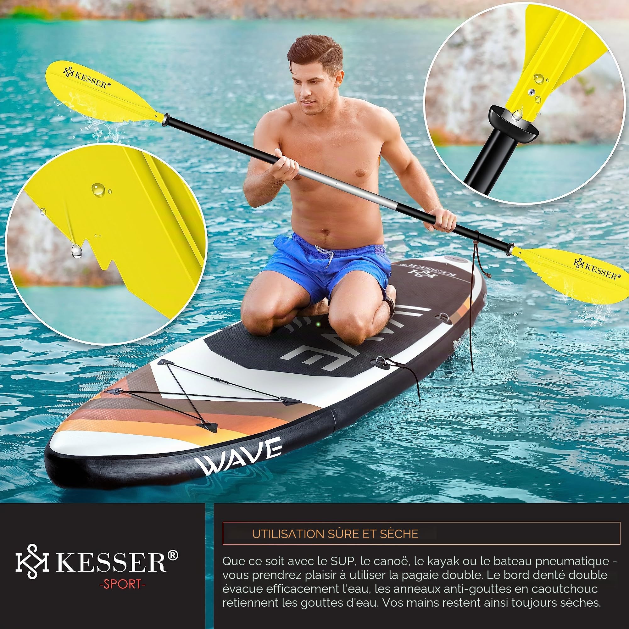 KESSER® Paddle Double pagaie – 4 pièces pour canoë, Kayak, Sup Stand-Up Paddle, Paddle, 228 cm, Aluminium Super léger pour canoë, Paddle, Kayak, Planche de Surf, Bateau