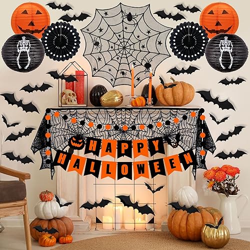 Halloween Decorations Indoor Set, Paper Lanterns & fans, Fireplace Mantel Scarf, Spiderweb Tab Runner, Banner, 60 Pcs Scary 3D Bat Sticker, Halloween Party Spooky Home Decor