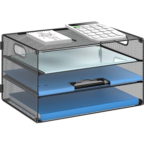 DALTACK 3 Tier Letter Tray Paper Organizer with Handle, Mesh Desk File Organizer, Paper Tray Desk Organizer for School Office Home, Black